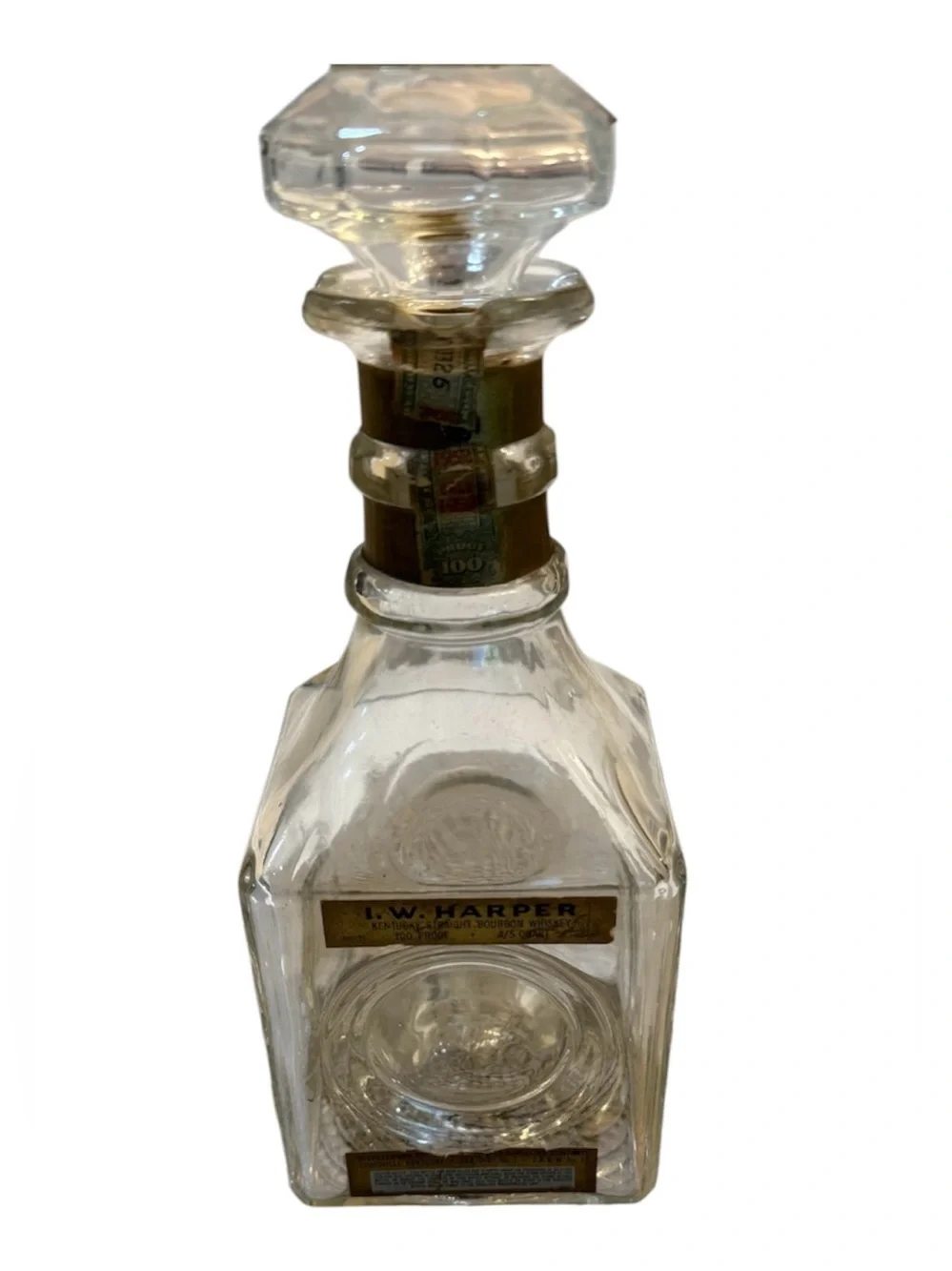 Vintage I.W. Harper Clear Glass Decanter with Gold Accent Label
